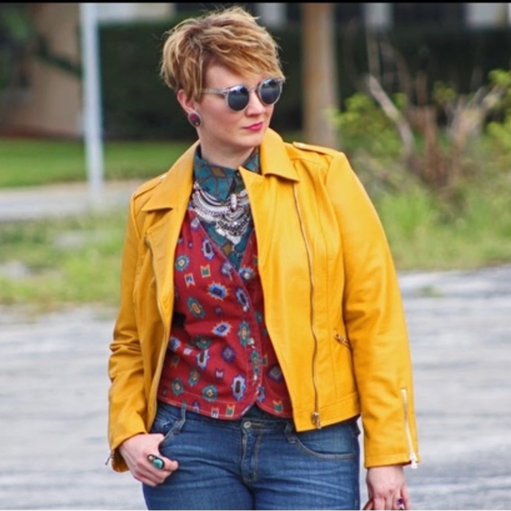 INC Mustard Yellow Faux Leather Motorcycle jacket - size Medium